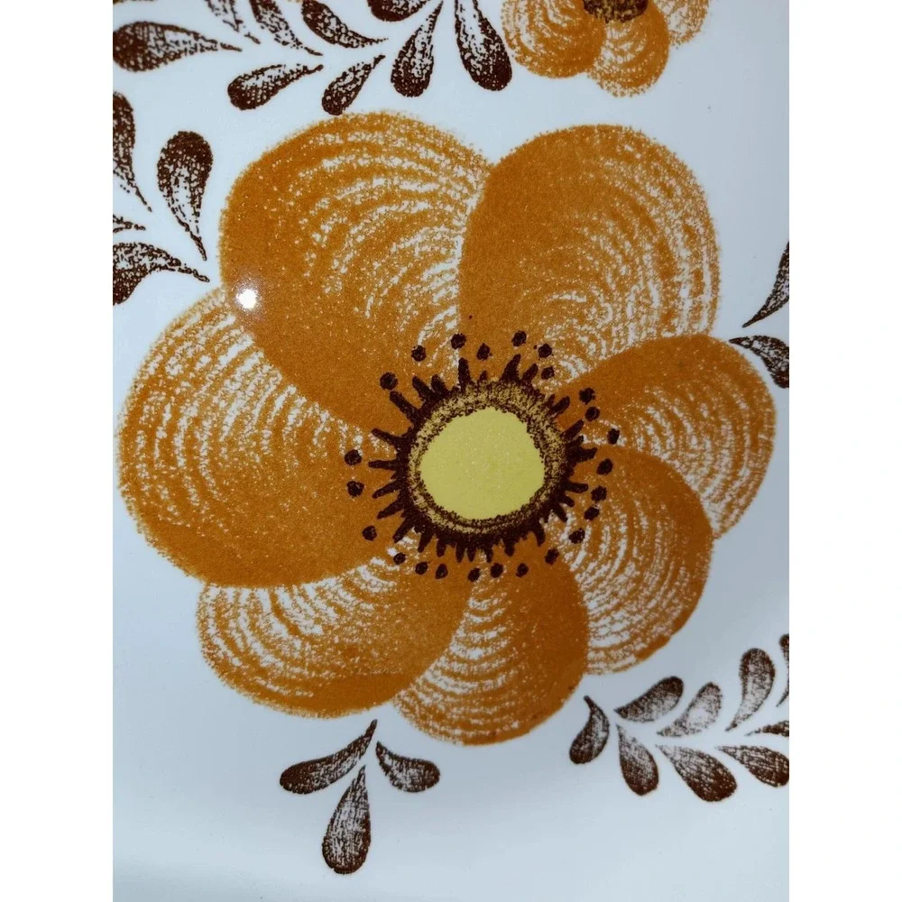 VINTAGE 1970s Royal China Jeannette Bowl Orange Brown Floral Scalloped Rim USA